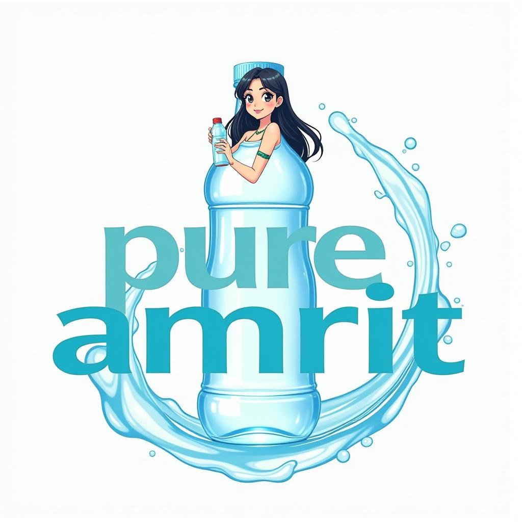  design a logo for a mineral water brand named 'pure amrit.' the logo should feature the text 'pure amrit' in an indian anime style font. above the text, include a small anime character of an indian girl, representing hydration and freshness, perhaps holding a water bottle. use a color palette of calming blues and greens to evoke a refreshing feel, with a transparent background for versatility., high quality, high details, hd, perfect composition, 4k epic detailed, highly detailed, sharp focus, high resolution