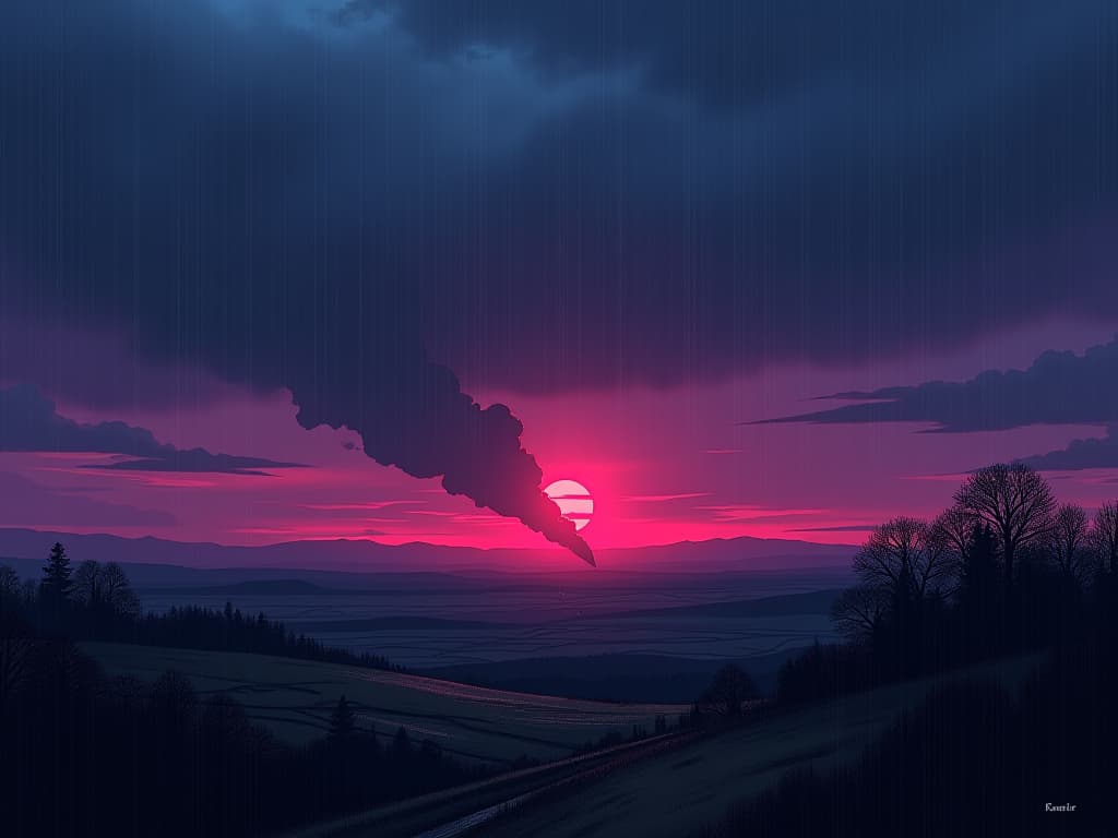  a twilight landscape with a distant storm dissipating, calming purple and blue hues, air fresh with the scent of rain, sense of peace after turmoil. the style is digital art illustration / modern comic book / graphic dark novel fantasy and mysterious occult, symbolic, moody lighting, esoteric vibe,high detail on character design. for the color scheme emphasize blacks and reds.