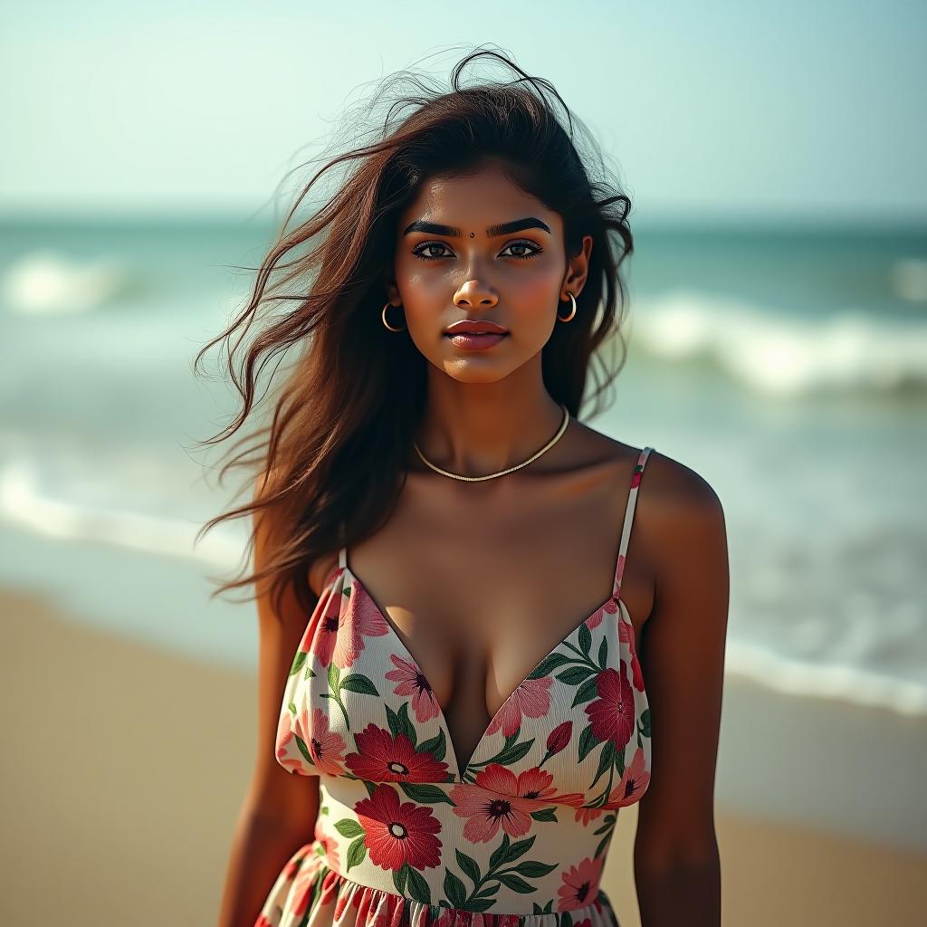  indian model wearing floral dress at the beach hyperrealistic, full body, detailed clothing, highly detailed, cinematic lighting, stunningly beautiful, intricate, sharp focus, f/1. 8, 85mm, (centered image composition), (professionally color graded), ((bright soft diffused light)), volumetric fog, trending on instagram, trending on tumblr, HDR 4K, 8K