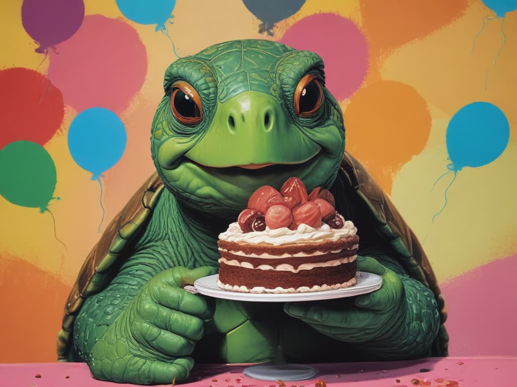 Happy turtle eating cake , style Pop art