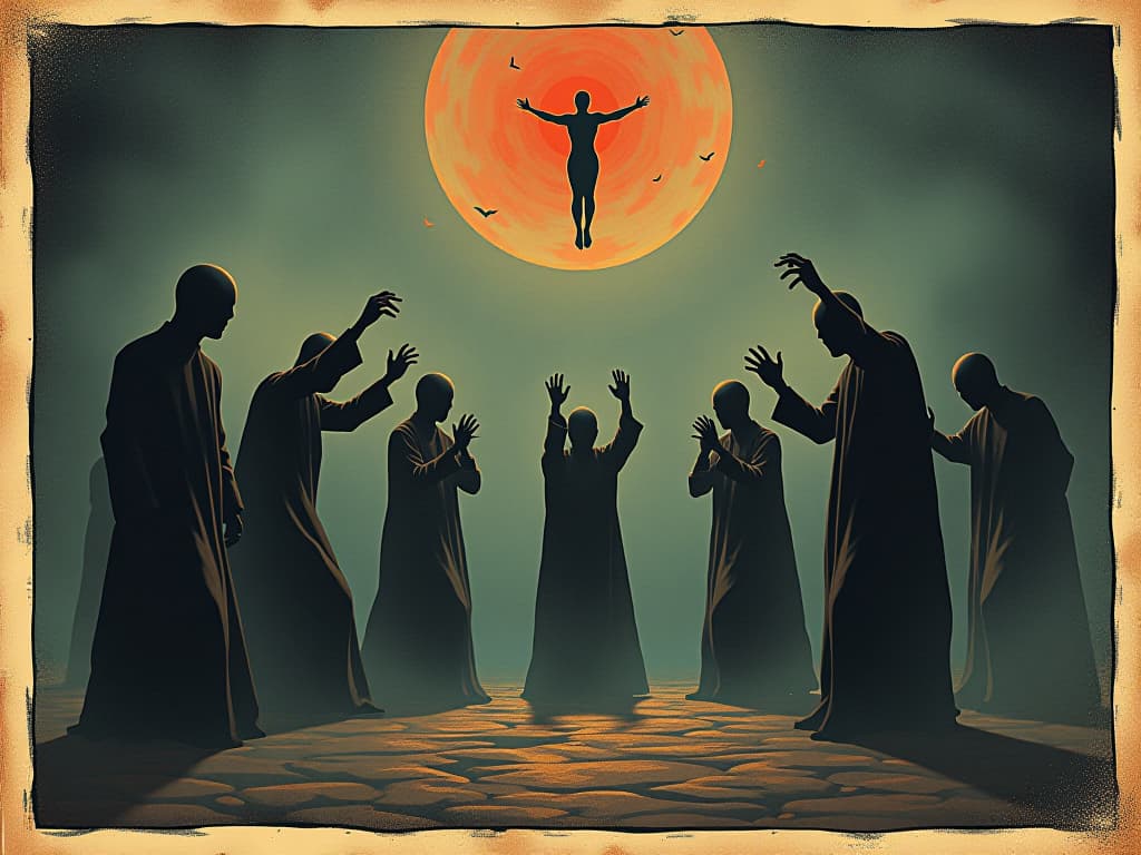  a group of faceless figures resisting an invisible force, bodies straining with effort, blurry edges, futile struggle, despair. an illustration in the style of a worn, mystical old tarot trump card, mysterious and elements of surrealism. the colors are muted, somber and eerie, but with contrast bring out an occult and esoteric vibe.