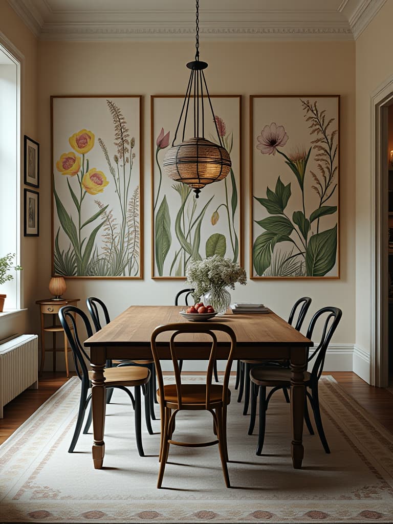  high quality portrait photo of an airy farmhouse dining room with a feature wall covered in oversized botanical prints, complemented by a rustic table and mix matched chairs, photographed from the side to show depth hyperrealistic, full body, detailed clothing, highly detailed, cinematic lighting, stunningly beautiful, intricate, sharp focus, f/1. 8, 85mm, (centered image composition), (professionally color graded), ((bright soft diffused light)), volumetric fog, trending on instagram, trending on tumblr, HDR 4K, 8K