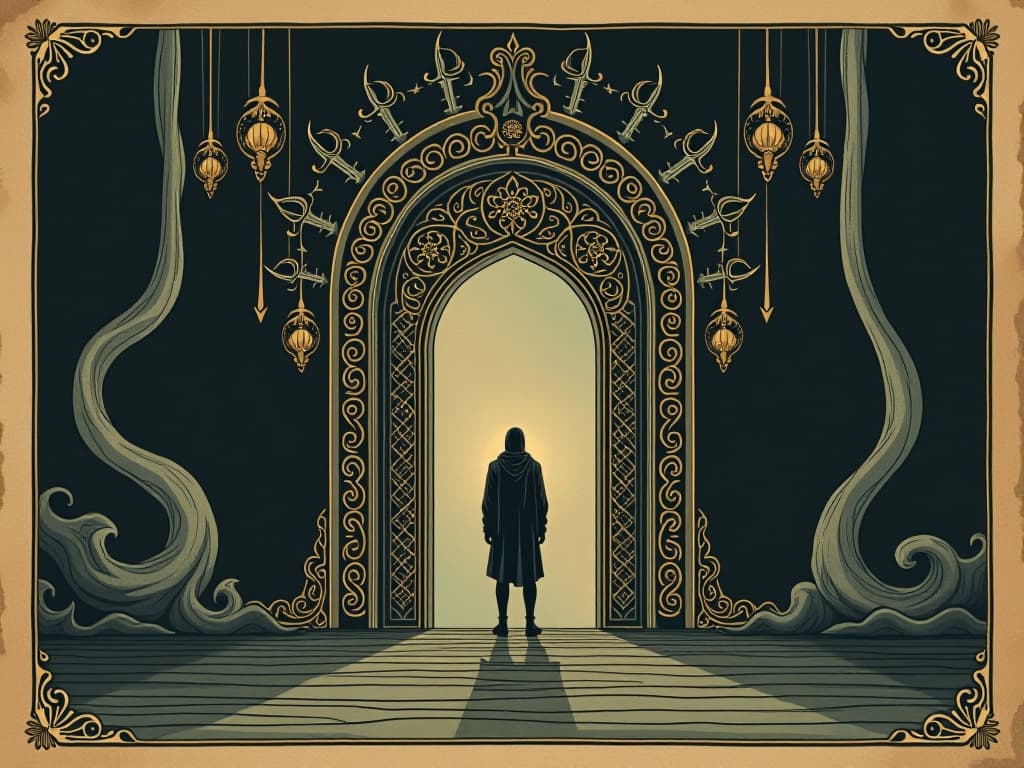  a gateway depicted with an intricate pattern, figure standing ready to step through, determined, empowered. an illustration in the style of a worn, mystical old tarot trump card, mysterious and elements of surrealism. the colors are muted, somber and eerie, but with contrast bring out an occult and esoteric vibe.