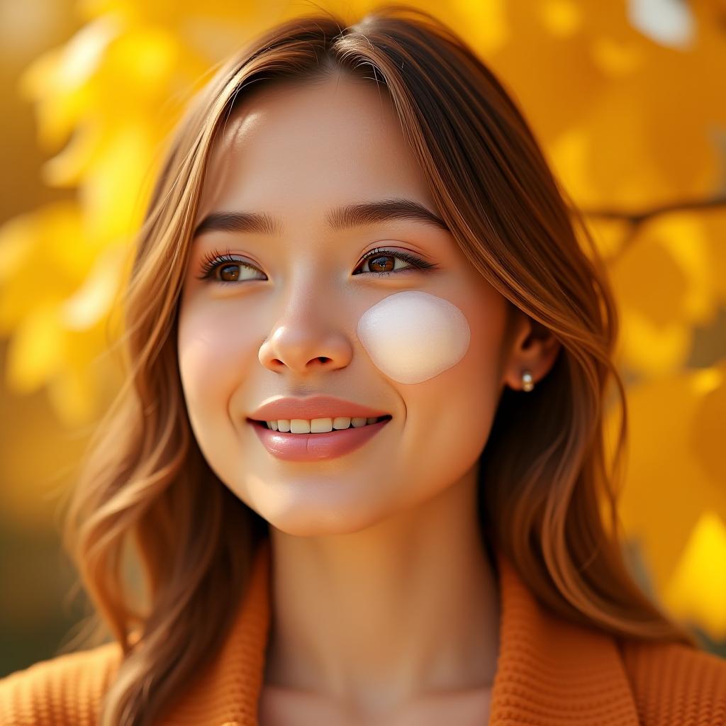  ultrasonic facial cleansing against the background of yellow autumn leaves.