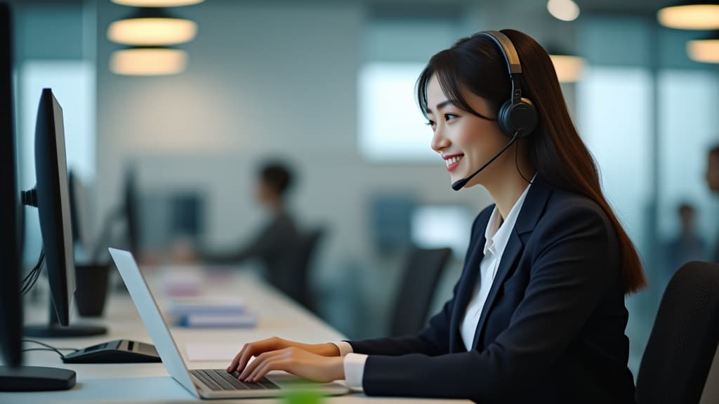  happy korean call center agent wearing headset talking to client working in customer support office. professional contract service telemarketing operator using laptop having conversation. ar 16:9 {prompt}, maximum details