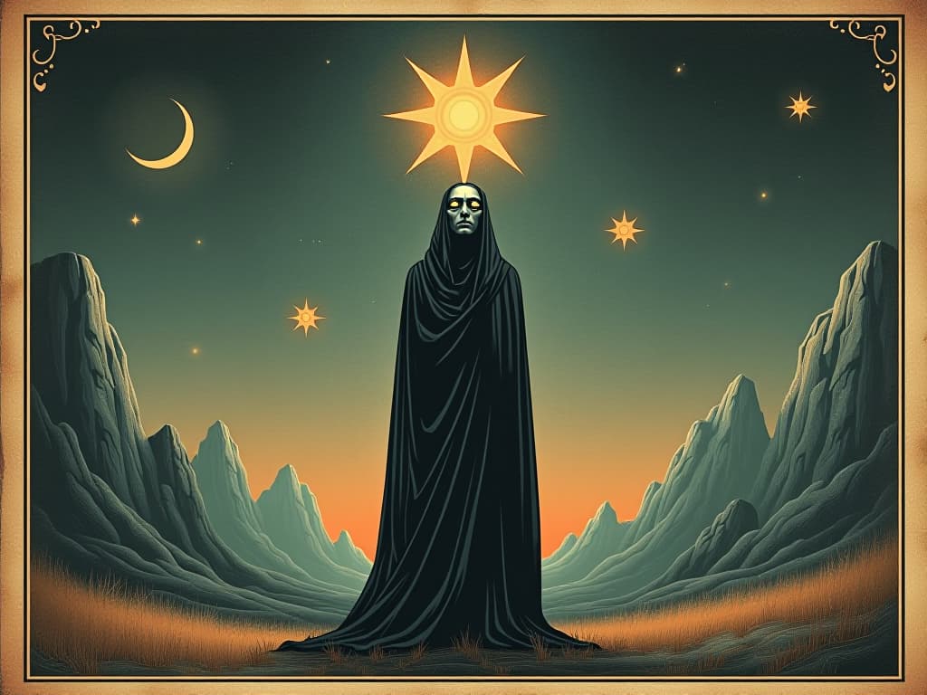  a human figure with empathetic eyes, ethereal glow around head, standing in an otherworldly landscape, surrounded by floating geometric shapes, calm, transcendent, enlightened. an illustration in the style of a worn, mystical old tarot trump card, mysterious and elements of surrealism. the colors are muted, somber and eerie, but with contrast bring out an occult and esoteric vibe.