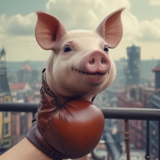 A human arm waering a boxing glove next to a pig in Steampunk style with City background