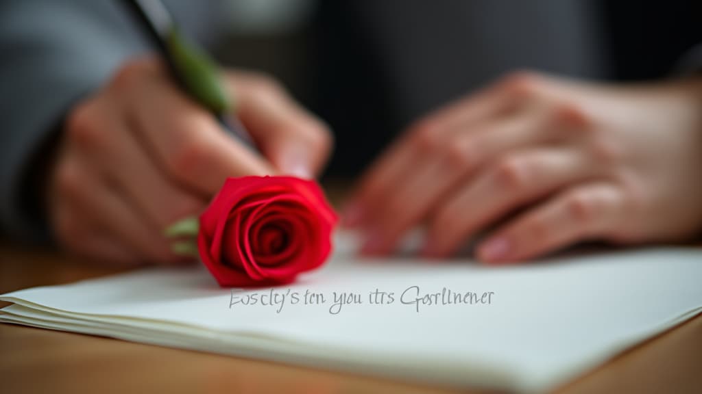  a man's hand writes a love letter to his girlfriend, with one beautiful fresh red rose.