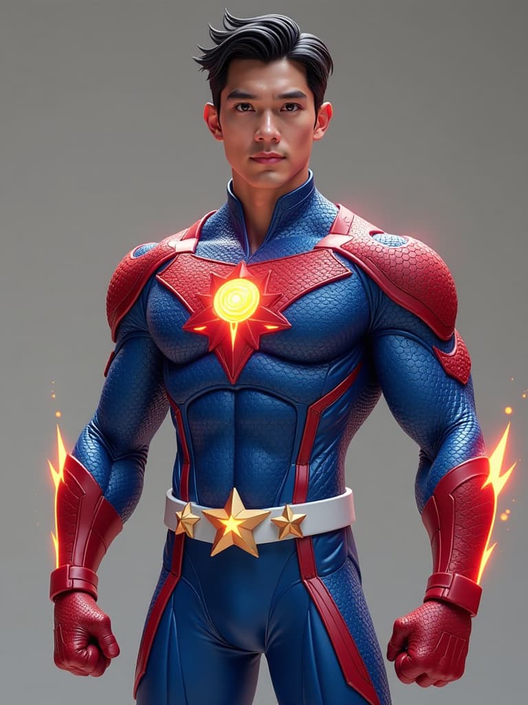  full body photorealistic handsome hunky young slender futuristic male filipino hero with black hair wearing blue and red micro scales textured spandex fabric costume, white stylized belt with three embossed stars, embossed " sun " on the chest,,, his body is covered with bursting energy in action,,, face front camera focus . in 3d, disney cartoon style