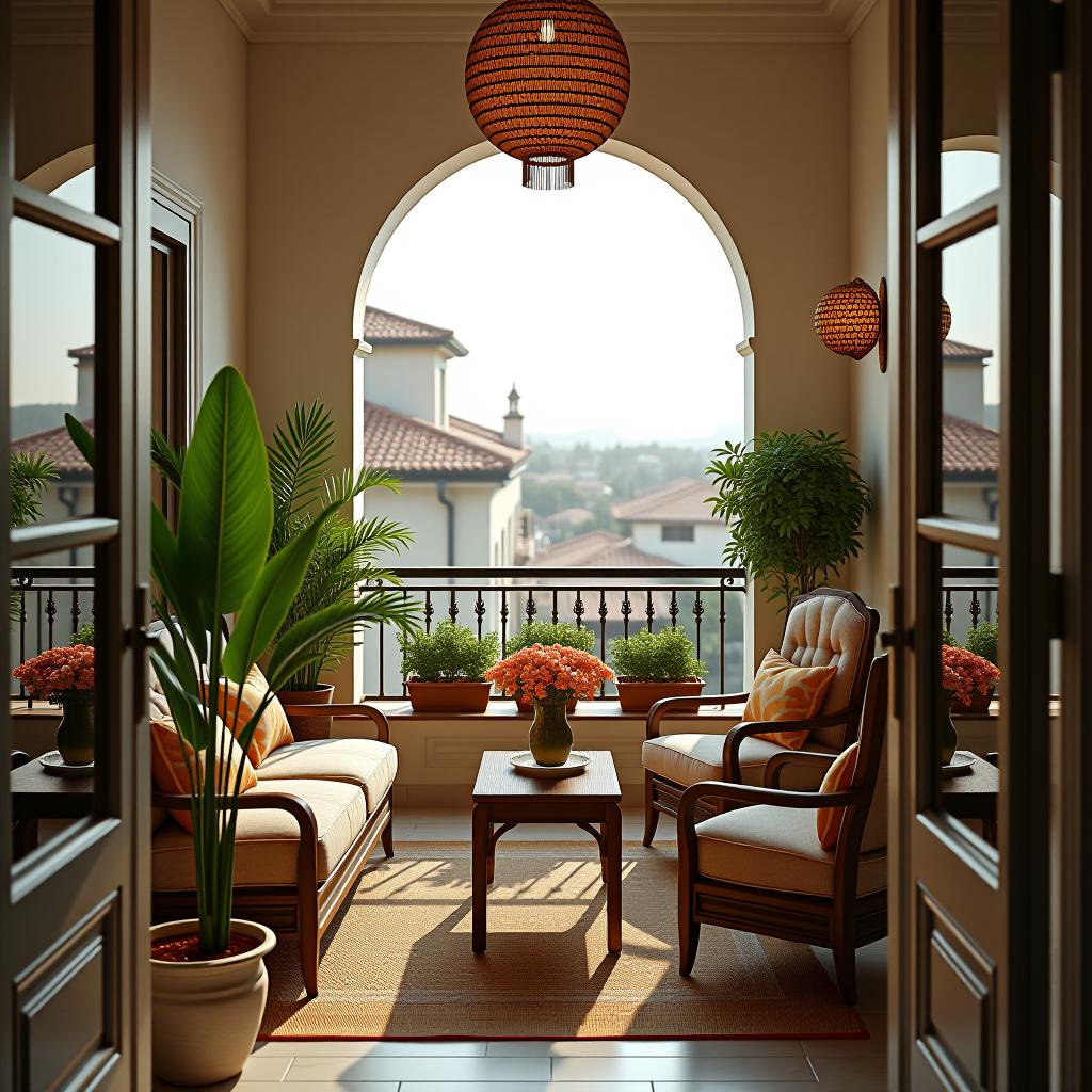  this unedited 8k photograph captures a stunningly beautiful and hyperrealistic view of a densely furnished balcony. the image is professionally color graded with bright, soft, diffused light and intricate details, showcasing a sharp focus and symmetrical balance. the hdr technique enhances the visual depth, while the raw format ensures high detail and authenticity. the in frame composition and dense decorations contribute to the overall intricate and highly detailed aesthetic.