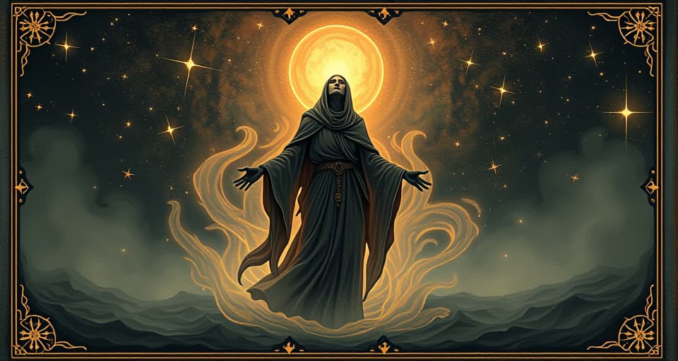  a radiant figure surrounded by swirling energies, guided by constellations, hopeful, ordained. an illustration in the style of a worn, mystical old tarot trump card, mysterious and elements of surrealism. the colors are muted, somber and eerie, but with contrast bring out an occult and esoteric vibe.