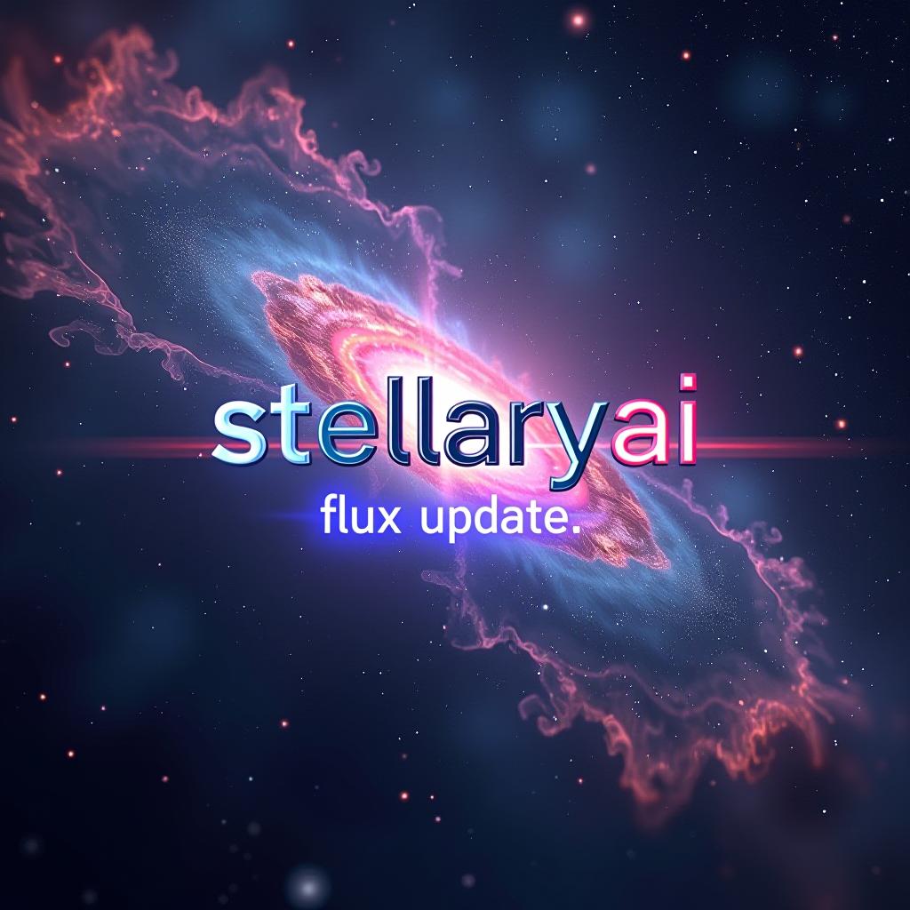  a breathtaking cosmic nebula swirling with vibrant colors, stars bursting into existence, ethereal wisps of stardust forming intricate patterns, ultra high detail, volumetric lighting, cinematic, 8k resolution. in the foreground, floating in space, the text "stellaryai" appears in sleek, futuristic metallic letters. below it, "flux update" is displayed in a glowing, energy pulsing font. the text seamlessly integrates with the celestial background, casting a subtle glow on the surrounding space.