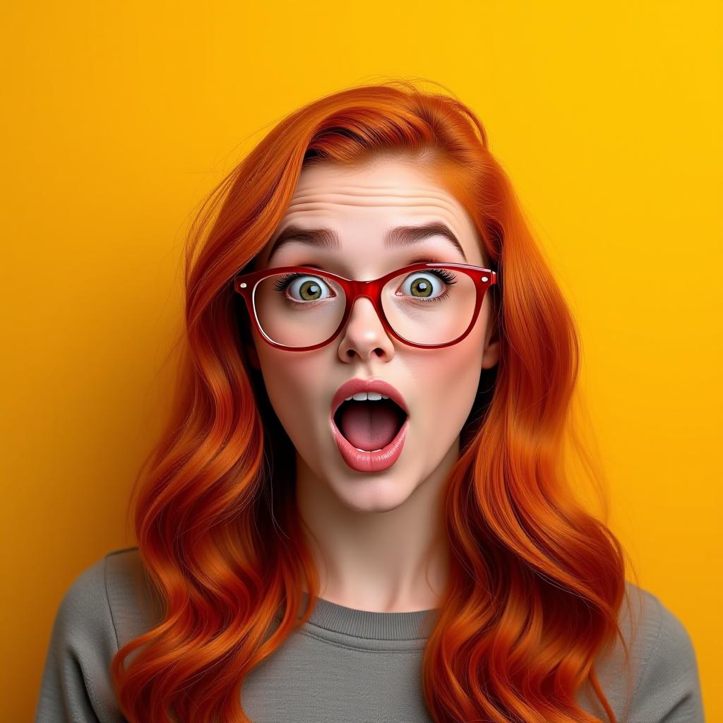  surprised redheaded woman with red glasses