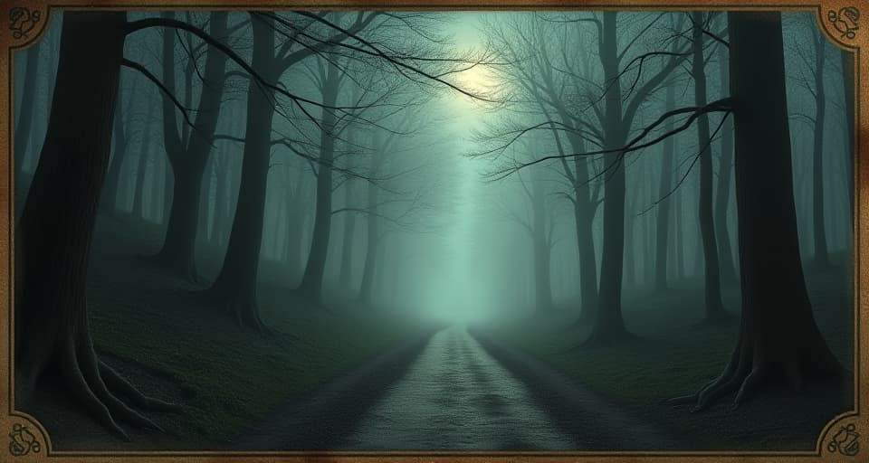  a winding path through a dense, fog laden forest, barely visible ahead, eerie, enigmatic. an illustration in the style of a worn, mystical old tarot trump card, mysterious and elements of surrealism. the colors are muted, somber and eerie, but with contrast bring out an occult and esoteric vibe.