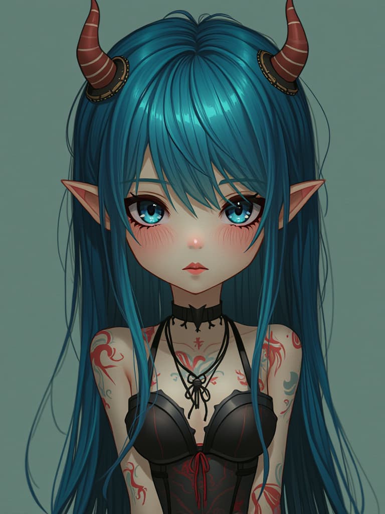  one girl, tiny, alternative, goth, long blue hair, undressed