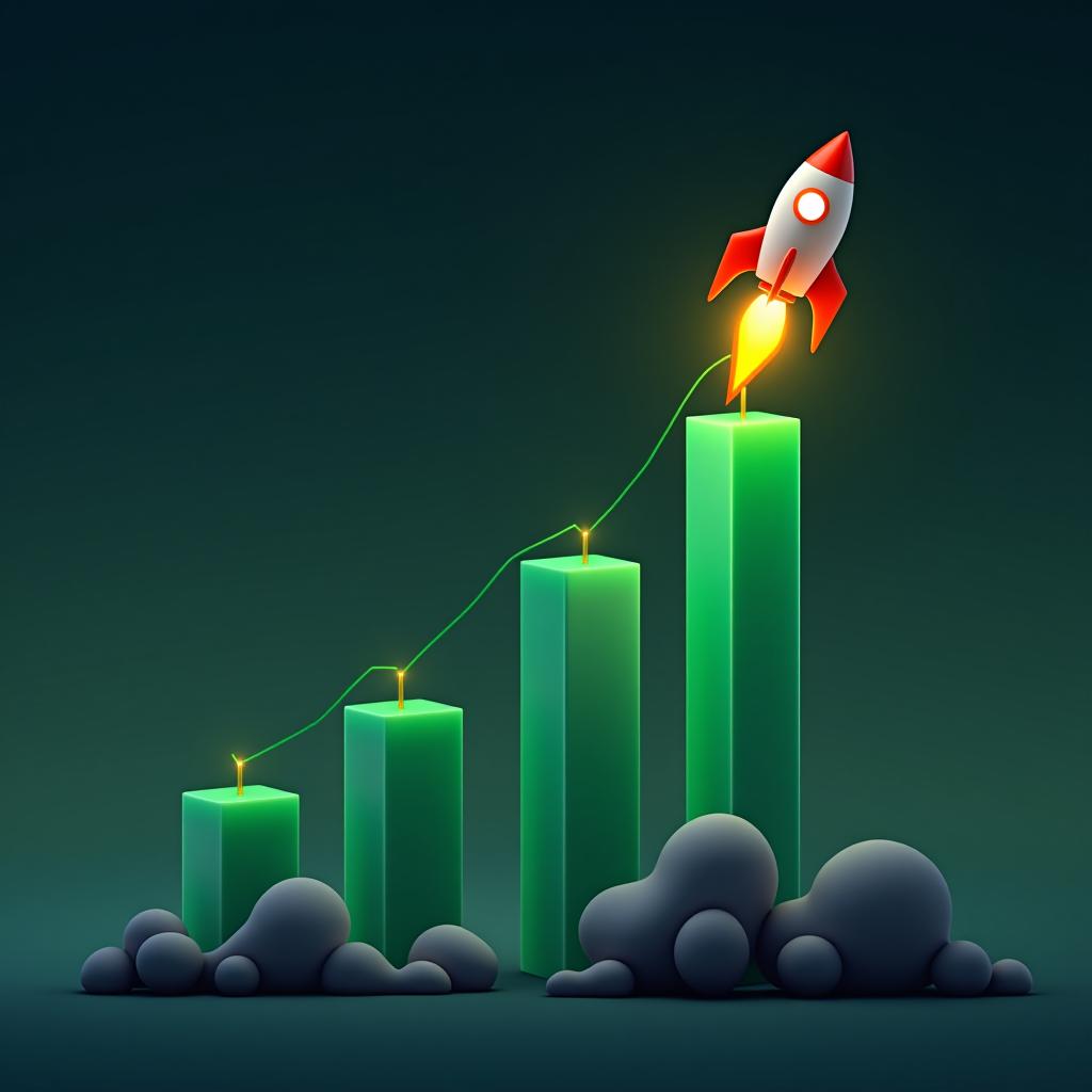  a graph going up with small rocket on the green candle