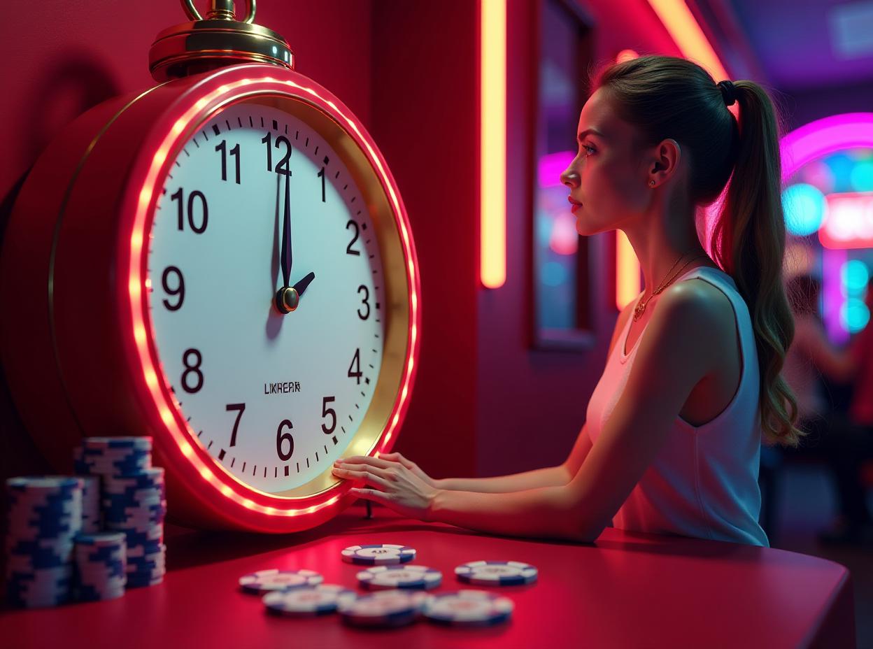  a casino theme with a clock and casino chips with a girl infront won a lottery on a red background with a stream of lights and a neon colored background, andries stock, incoherents, highly detailed digital art, computer graphics,, high quality, high details, hd, perfect composition, 4k epic detailed, highly detailed, sharp focus, high resolution