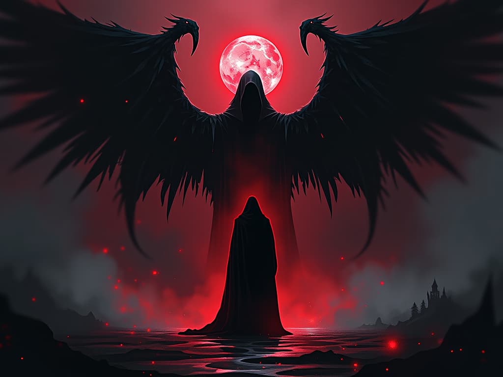  figure in contemplation, surrounded by dark shifting shadows, feeling of profound impact and reflection. the style is digital art illustration / modern comic book / graphic dark novel fantasy and mysterious occult, symbolic, moody lighting, esoteric vibe,high detail on character design. for the color scheme emphasize blacks and reds.