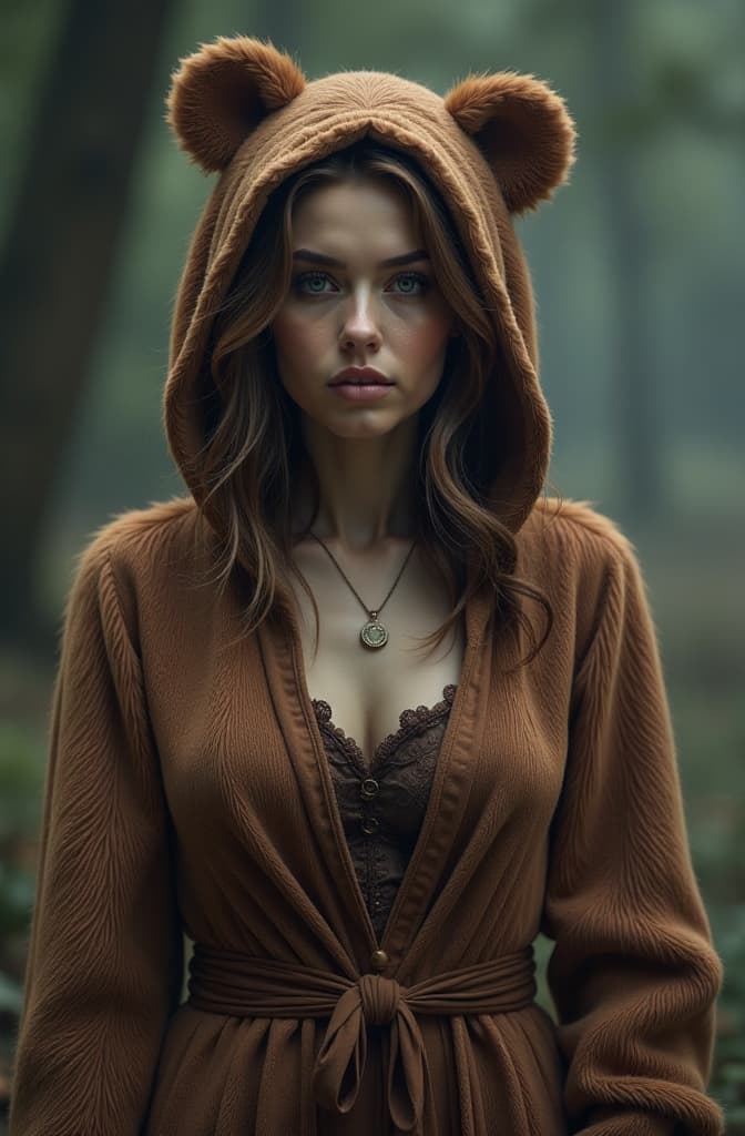  a woman with a realistic costume of a bear hyperrealistic, full body, detailed clothing, highly detailed, cinematic lighting, stunningly beautiful, intricate, sharp focus, f/1. 8, 85mm, (centered image composition), (professionally color graded), ((bright soft diffused light)), volumetric fog, trending on instagram, trending on tumblr, HDR 4K, 8K