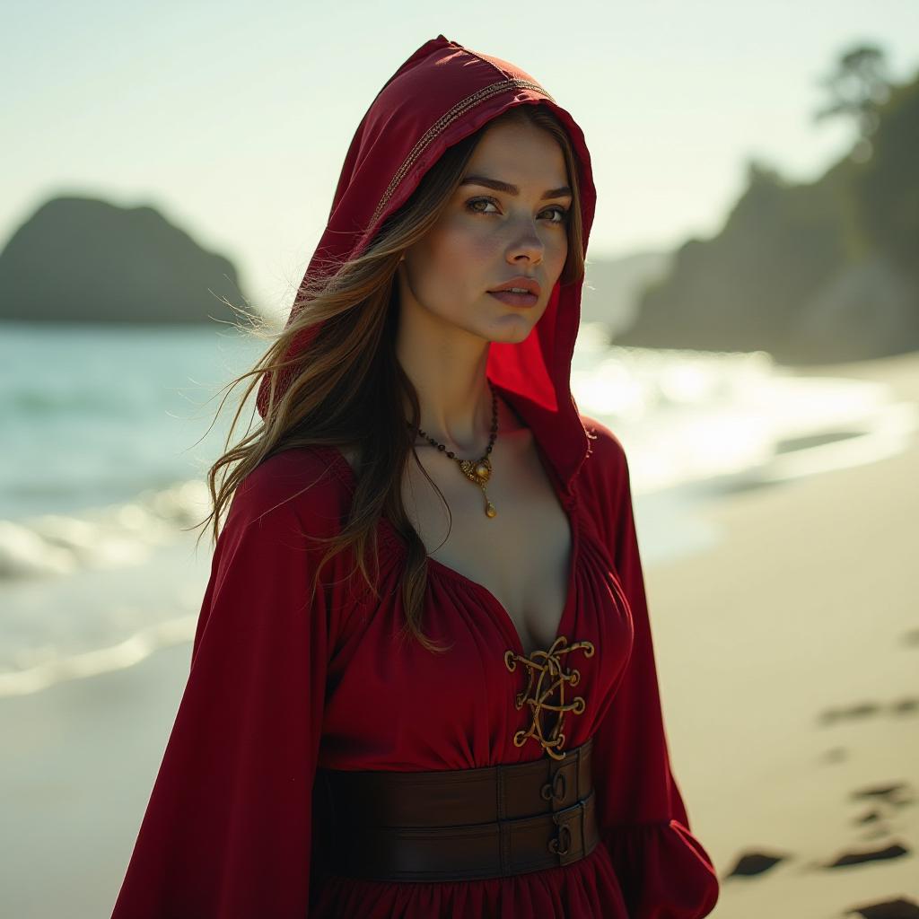   red riding hood in a is suning on the beach. hyperrealistic, full body, detailed clothing, highly detailed, cinematic lighting, stunningly beautiful, intricate, sharp focus, f/1. 8, 85mm, (centered image composition), (professionally color graded), ((bright soft diffused light)), volumetric fog, trending on instagram, trending on tumblr, HDR 4K, 8K