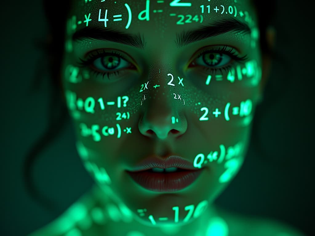  close up of woman's face, glowing green holographic equations projected onto skin. intense gaze, realistic features. dark background, cyberpunk aesthetic. luminous mathematical formulas, handwritten style. futuristic, high tech atmosphere. photorealistic rendering, dramatic lighting, sharp contrast hyperrealistic, full body, detailed clothing, highly detailed, cinematic lighting, stunningly beautiful, intricate, sharp focus, f/1. 8, 85mm, (centered image composition), (professionally color graded), ((bright soft diffused light)), volumetric fog, trending on instagram, trending on tumblr, HDR 4K, 8K