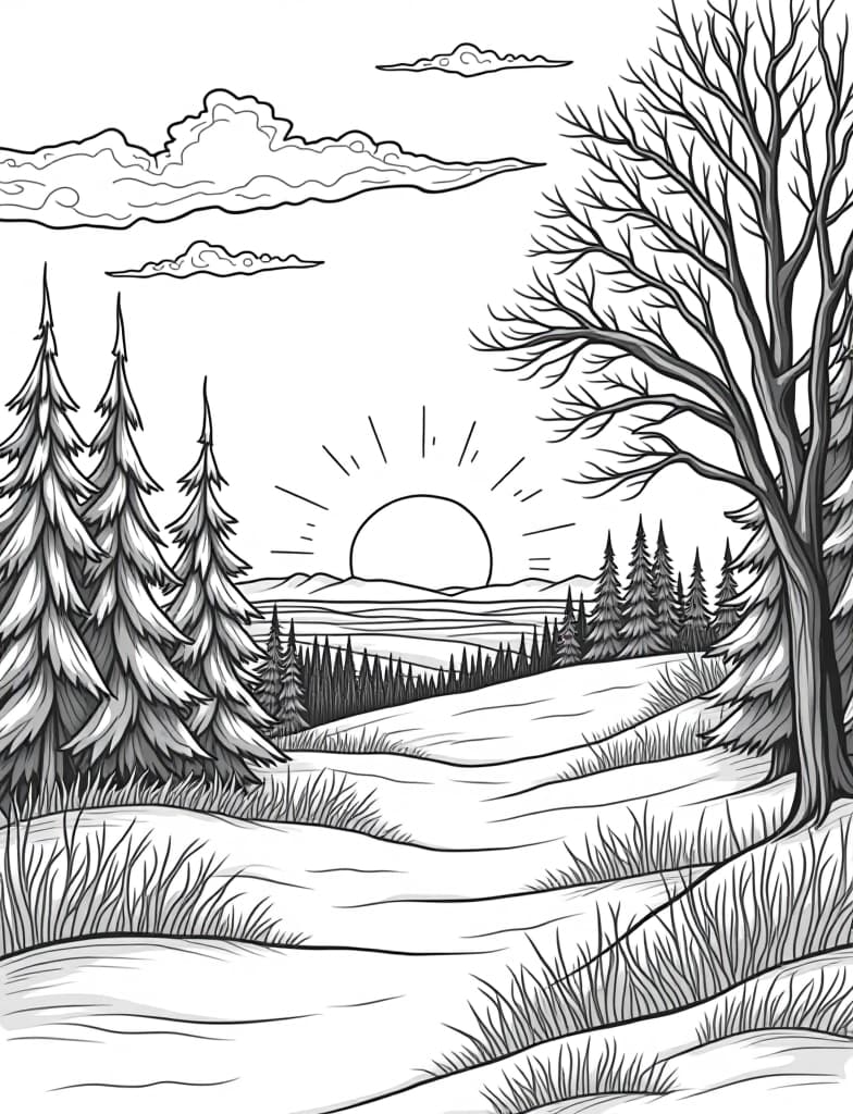  this is for an adult coloring page. a detailed black and white line art of a snowy winter sunrise over a snow covered landscape on a solid white background.