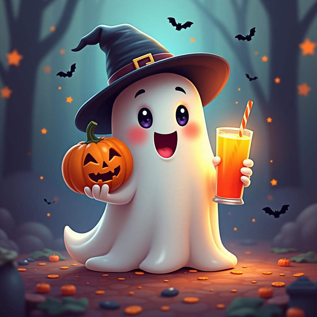  create a digital painting featuring a cute ghost character. the ghost should be wearing a hat. in one hand, the ghost should hold a pumpkin with a carved face, and in the other hand, a halloween themed drink. the background should be colorfull and include small black bats and stars to add a playful halloween touch. the overall style should be cute, whimsical, and colorful hyperrealistic, full body, detailed clothing, highly detailed, cinematic lighting, stunningly beautiful, intricate, sharp focus, f/1. 8, 85mm, (centered image composition), (professionally color graded), ((bright soft diffused light)), volumetric fog, trending on instagram, trending on tumblr, HDR 4K, 8K