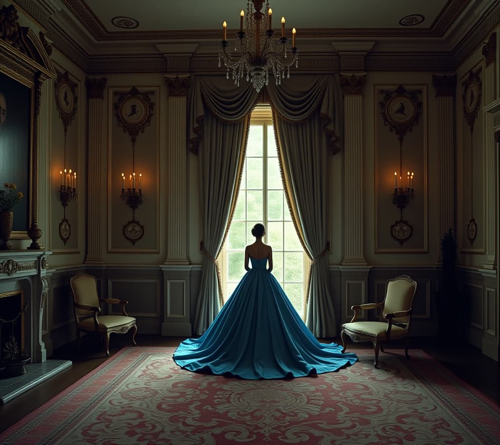  a vast and ornately decorated bedroom in an edwardian mansion. a young beautiful woman in a blue ballgown is looking out the window. cinematic long shot.