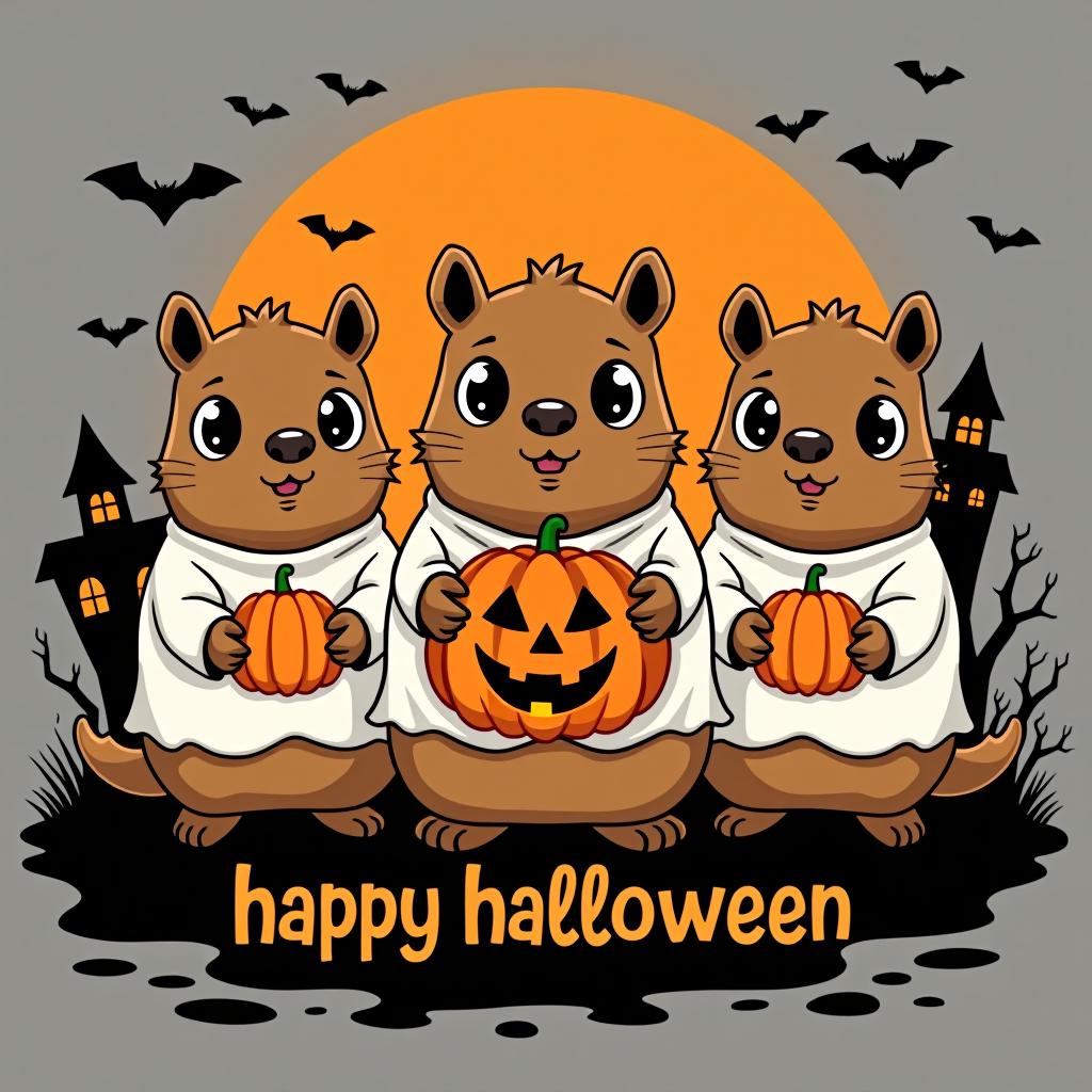  three capybaras wearing ghost shirts in a spooky halloween scene. each capybara has big black eyes. the middle capybara holds a large carved pumpkin, and the other two hold smaller carved pumpkins. the background features a large orange moon with black silhouettes of bats, haunted houses, and trees. below the capybaras, the word 'happy halloween' is written in a bold, stylized font. the overall style is fun and cartoonish with a glossy finish.