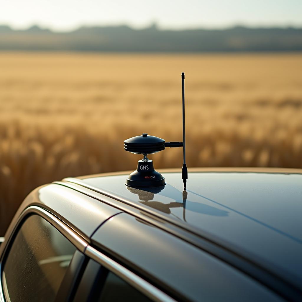  gnss antenna allynav 70 on the car's hood in a wheat field.