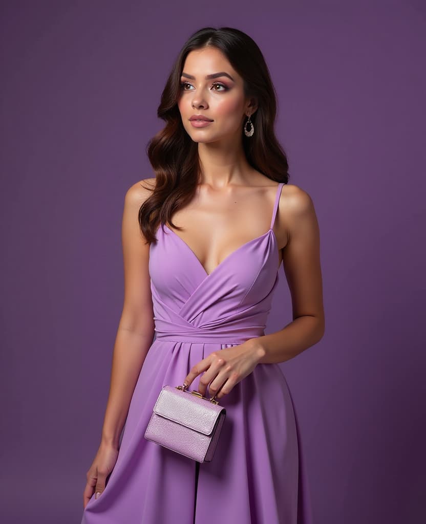  hdr photo of a beautiful woman in a dress, model, makeup, holding a small purse in her hand, on a dark lilac background . high dynamic range, vivid, rich details, clear shadows and highlights, realistic, intense, enhanced contrast, highly detailed