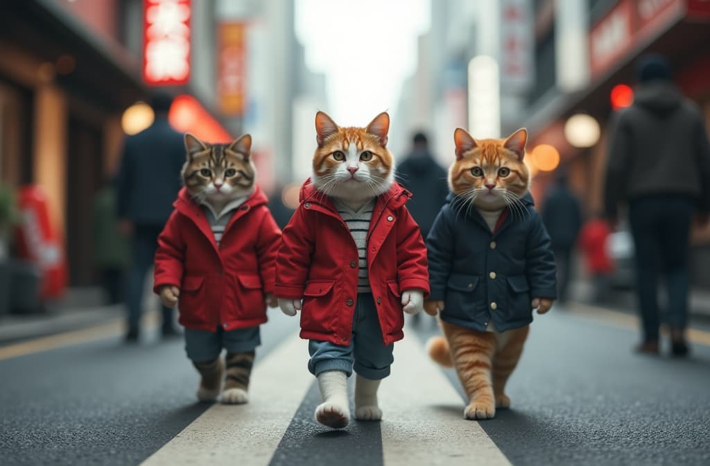  realistic japanese cats walking the streets of busy tokyo hyperrealistic, full body, detailed clothing, highly detailed, cinematic lighting, stunningly beautiful, intricate, sharp focus, f/1. 8, 85mm, (centered image composition), (professionally color graded), ((bright soft diffused light)), volumetric fog, trending on instagram, trending on tumblr, HDR 4K, 8K