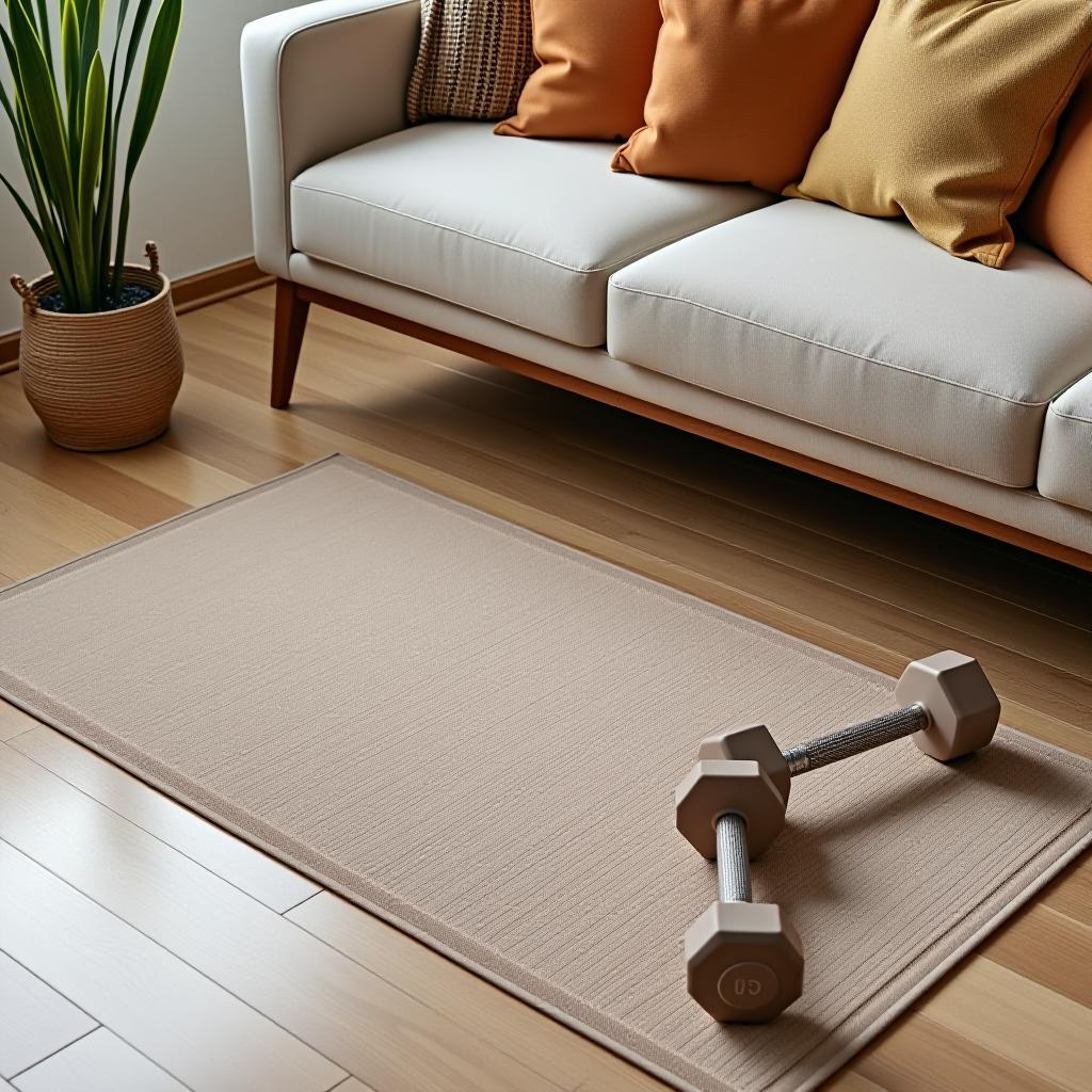  a mat next to a beige sofa and dumbbells.