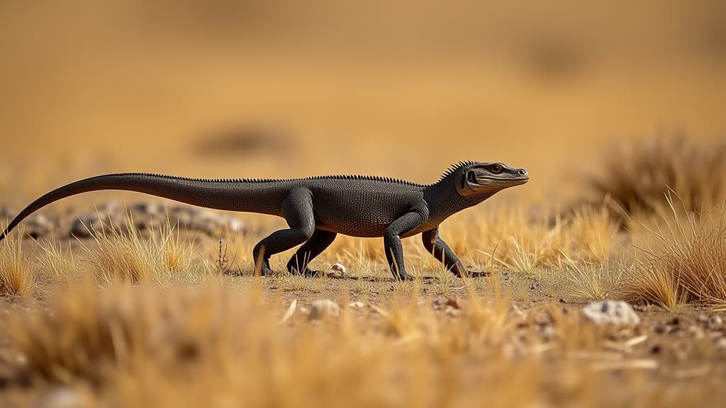  a photo of a komodo dragon walking through dry grasslands during midday