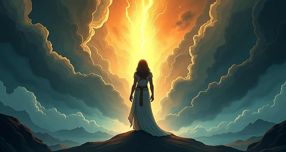  the storm, once fierce, now dissipating, a figure standing triumphant, aura shining with the energy of control and influence.. the style is digital art illustration / modern comic book / mysterious occult, symbolic, esoteric vibe,high detail on character design, incorporating ancient egyptian symbology and attire.