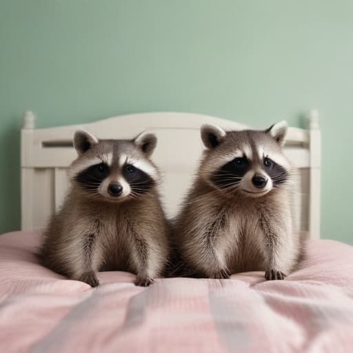 Two loved up raccoons in a bed room