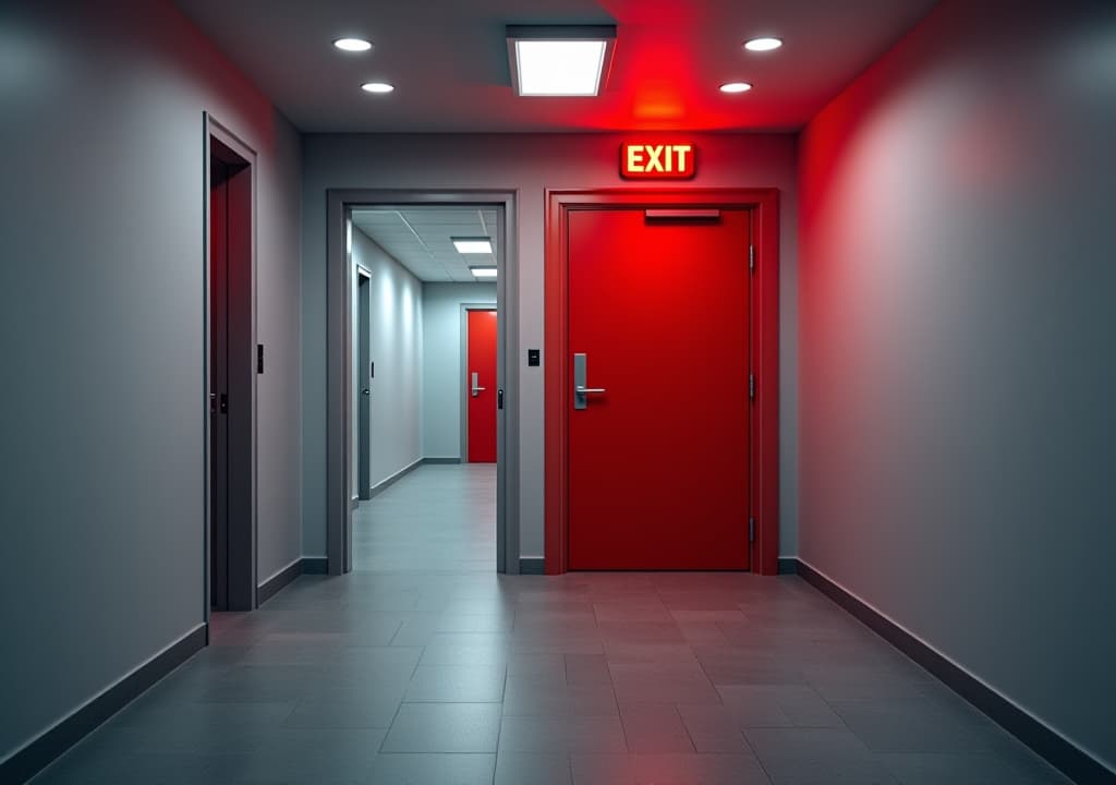  red fire exit door for emergency evacuation in the office building interior. escape from the danger, security hallway, nobody, copy space, text space