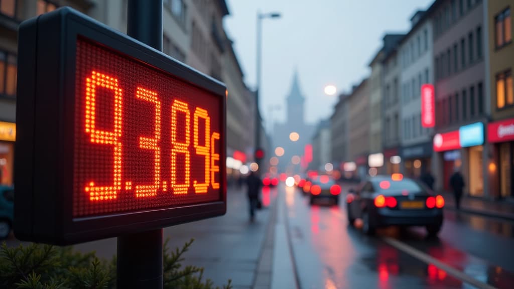  prompt: create an ultra realistic image of a bustling cityscape in würzburg, germany, showcasing the dynamics of heating oil prices. the scene should feature a prominent digital display showing the current price of heating oil at 93.89 euros for 100 liters. include visually striking fluctuations in prices across different postal codes within the city district. incorporate elements representing economic factors influencing the price changes, such as graphs, arrows, and currency symbols. show a d