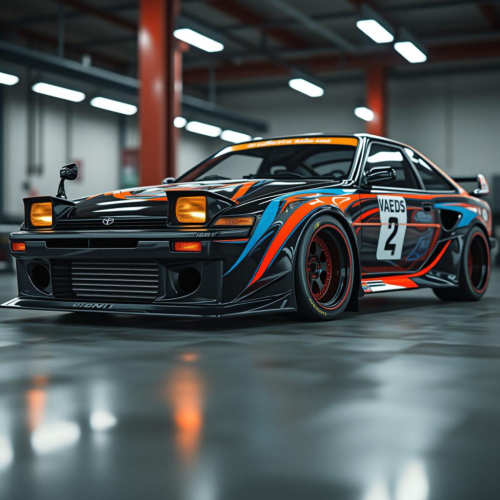  1985 toyota celica gts coupe, lowered, body kit, wide body, custom, 8k, racecar, front splitter, rear defuser, photo realistic, highly intricate and detailed, masterpiece, ultra high res,photography,8k resolution