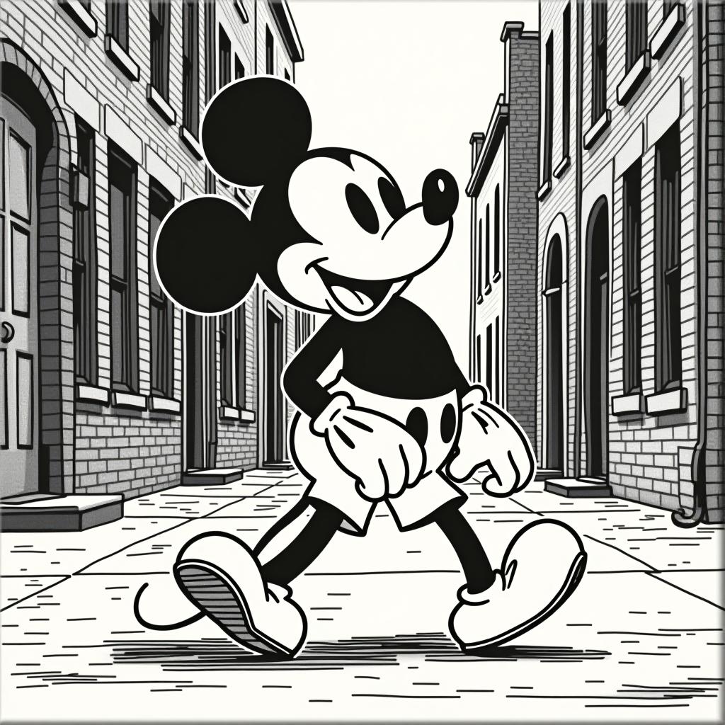  the image is a black and white, vintage style illustration that appears to be a reference to old animation, specifically in the style of early 20th century cartoons. the character in the image strongly resembles a famous animated mouse mickey mouse, depicted walking happily down a street lined with brick buildings. overlaid on the image is a bold, white text with a black outline that reads: "people are like bananas the bad ones are brown"