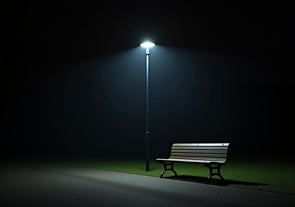  a lonely bench illuminated by a streetlight in a dark park setting.