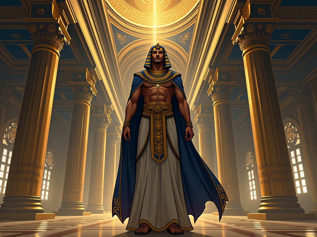  a grand hall filled with cosmic symbols, a male figure dressed in elaborate robes, standing tall with an air of authority, aura of a custodian of universal secrets. the style is digital art illustration / modern comic book / mysterious occult, symbolic, esoteric vibe,high detail on character design, incorporating ancient egyptian symbology and attire.