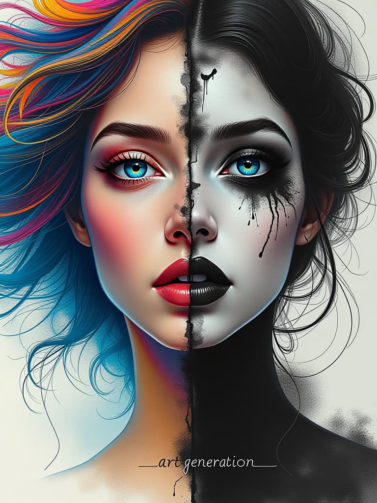  (masterpiece, diptych art:1.4), split composition, (left side: colorful woman’s face:1.3), vivid hues of blues, pinks, and yellows, (photo realistic details:1.2), (vibrant eyes:1.1), intricate patterns in the hair, flowing and dynamic, (right side: monochromatic woman’s face:1.3), expressive features painted with splattered ink, deep blacks and soft greys, (surrealistic elements:1.2), contrasting textures, bottom center text “artgeneration” in bold, gothic font calligraphy, dramatic flair, seamlessly blending the two styles, thought provoking juxtaposition, rich artistic narrative, heightened emotion, captivating visual balance. hyperrealistic, full body, detailed clothing, highly detailed, cinematic lighting, stunningly beautiful, intricate, sharp focus, f/1. 8, 85mm, (centered image composition), (professionally color graded), ((bright soft diffused light)), volumetric fog, trending on instagram, trending on tumblr, HDR 4K, 8K