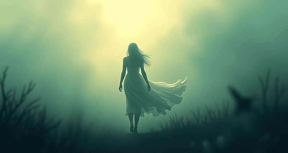  ethereal figure moving gracefully through a foggy, mystical landscape, shadowy figures in awe, shroud of mystery. the style is digital art illustration,highly detailed, whimsical,magical, dreamlike atmosphere, realism and fantasy blend, smooth, glossy textures,luminous quality, wonder and enchantment.