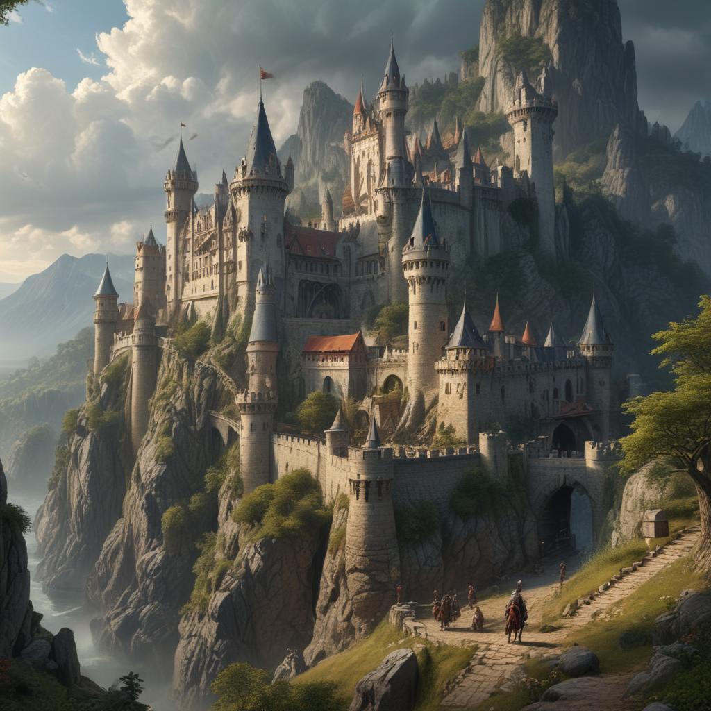 A scene from a fantasy world with castles, dragons, and knights.