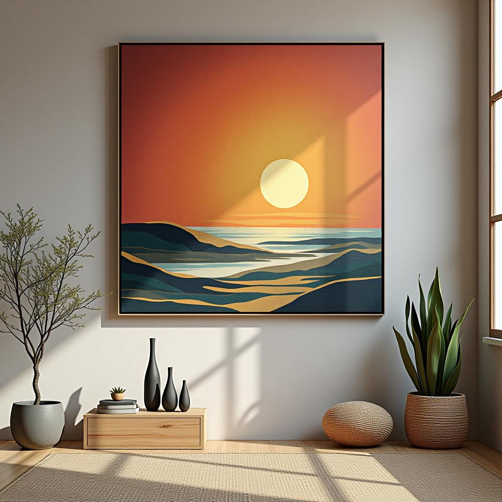  a large painting of a sunset hangs on a wall in a room