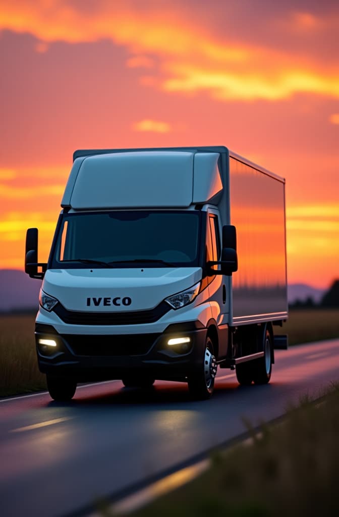  imagina un camión iveco daily panel 35s15, de color blanco intenso, recorriendo la carretera de los medanos de coro, falcon en venezuela. es un día soleado y la luz se refleja en la superficie metálica del vehículo, acentuando sus líneas fuertes y su diseño industrial. finalmente, imagina el cielo al atardecer, con tonos de naranja, rosa y violeta que se mezclan y reflejan en los cristales del camión. hyperrealistic, full body, detailed clothing, highly detailed, cinematic lighting, stunningly beautiful, intricate, sharp focus, f/1. 8, 85mm, (centered image composition), (professionally color graded), ((bright soft diffused light)), volumetric fog, trending on instagram, trending on tumblr, HDR 4K, 8K