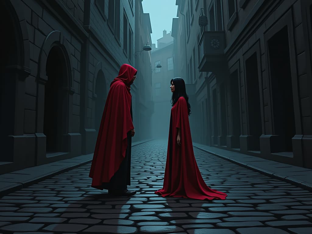  chance meeting on a cobblestone street, red robed figure exchanging meaningful glance, moment of realization. the style is digital art illustration / modern comic book / graphic dark novel fantasy and mysterious occult, symbolic, moody lighting, esoteric vibe,high detail on character design. for the color scheme emphasize blacks and reds.