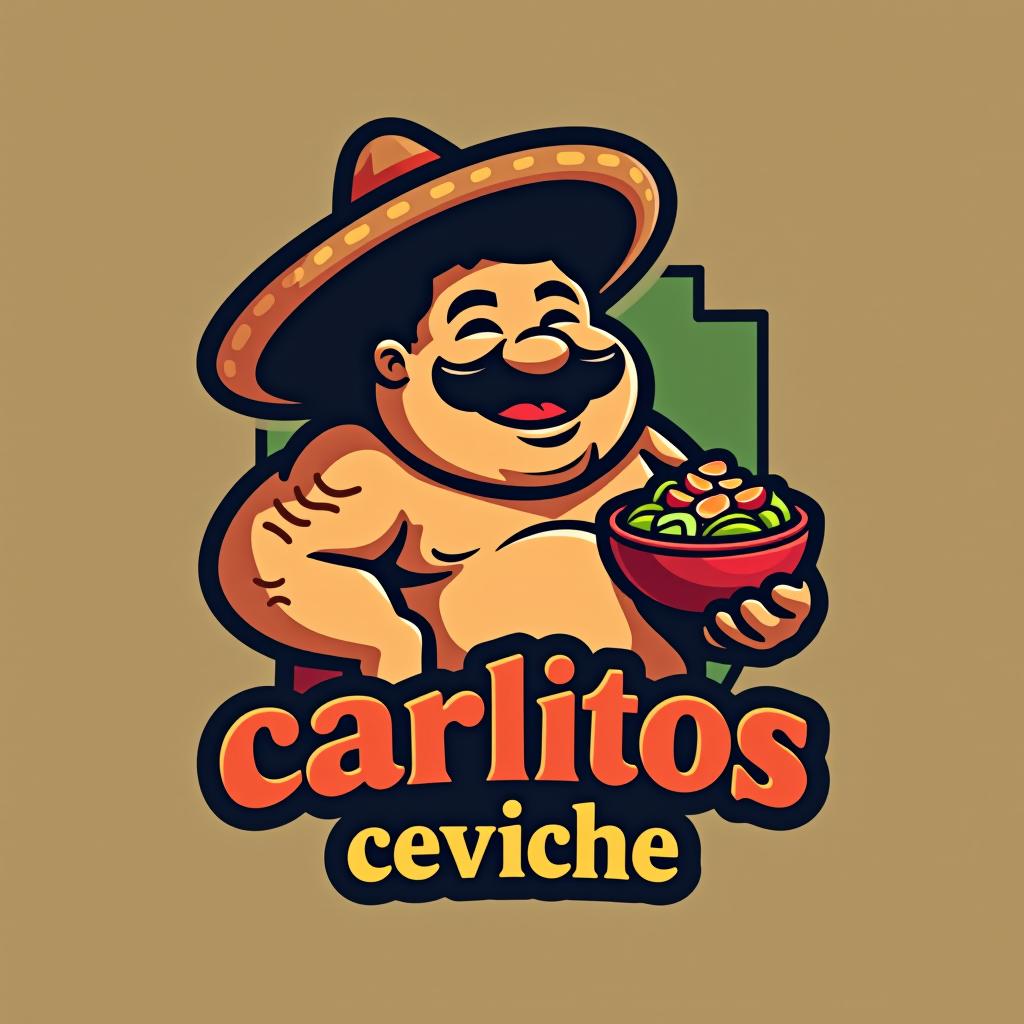  design a logo, chubby mexican with bowl of ceviche wearing an atlanta braves hat , with the text 'carlitos ceviche '.