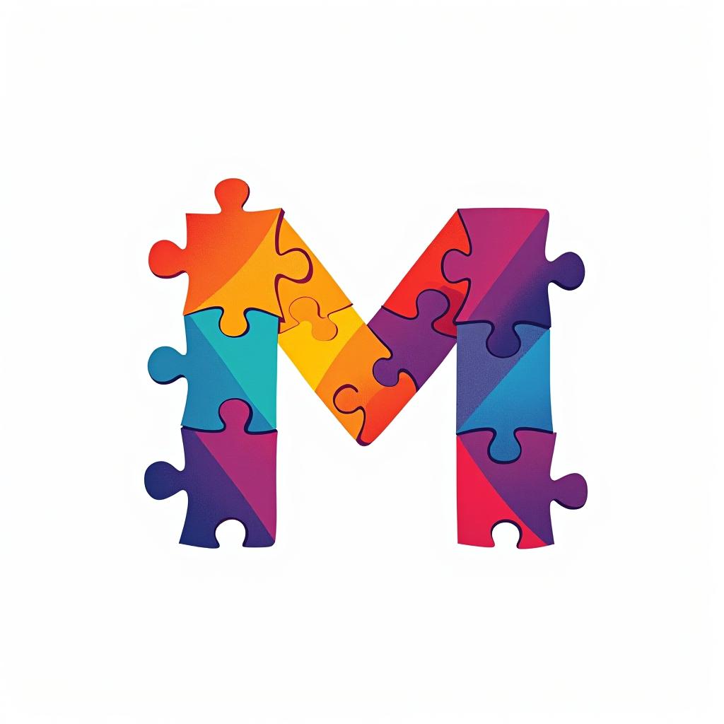  design a logo, abstract logo of letter m from colored puzzles on white background.